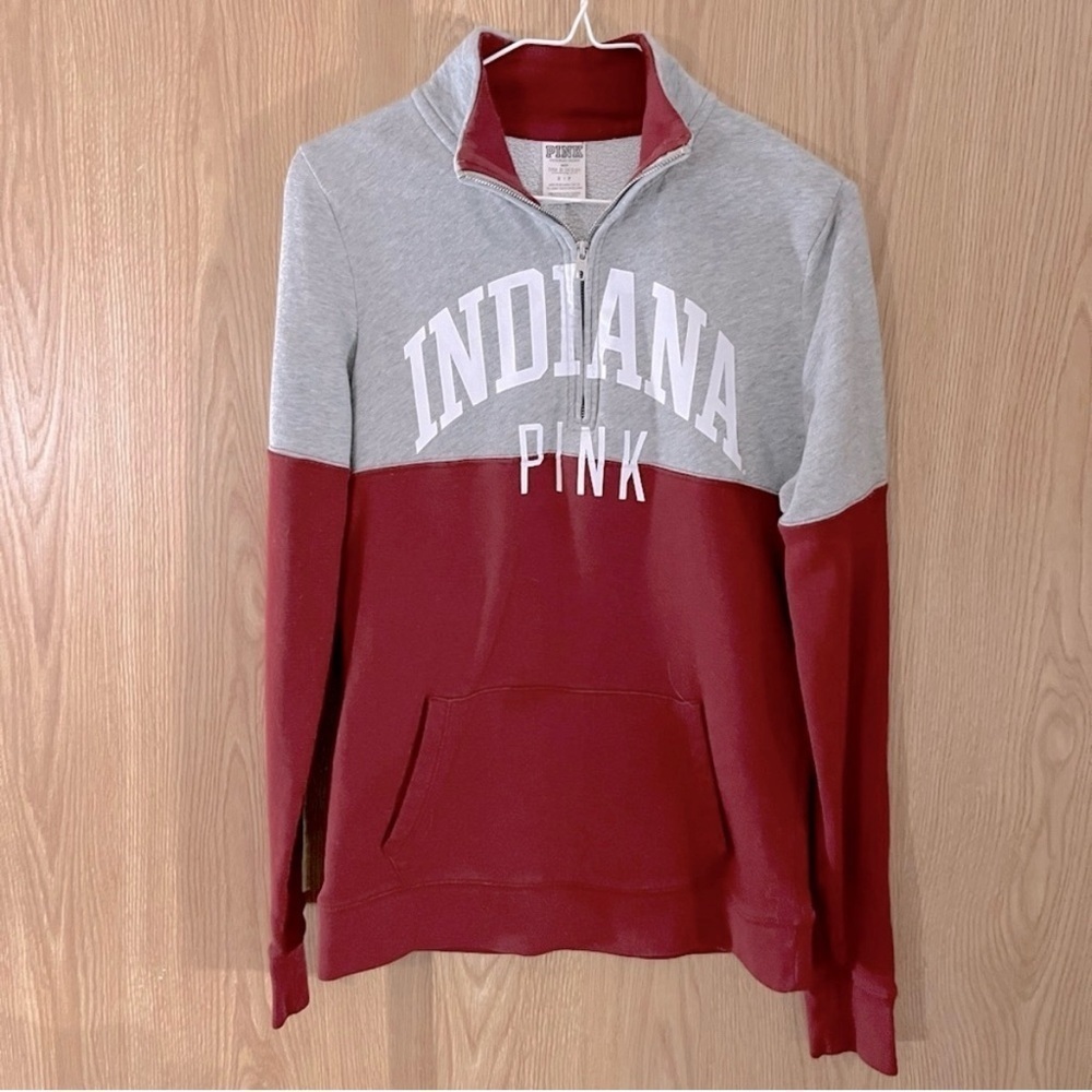PINK Red/ Gray Pullover 1/4 Zip Sweatshirt with Logo